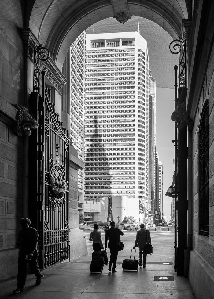 "West Portal, City Hall, Philadelphia" by James Abbott. An Inkjet Print depicting the view out of the monumental West Portal archway of Philadelphia's City Hall Towards the Clothespin sculpture. Cityscape, Landscape, Black and White, Photograph. The Print Center