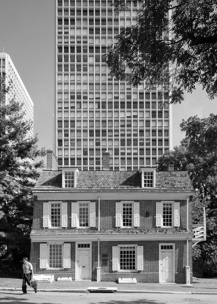 Man Full of Troubles Tavern and Society Hill Tower from Spruce Street, Philadelphia James Abbott Inkjet Print buildings man running the print center black and white photography city photography Philadelphia 