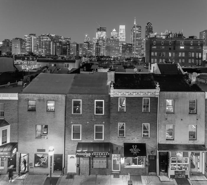 Night View of South Street Facades between 18th and 20th Street, Philadelphia James Abbott the print center philadelphia skyscrapers row homes nighttime city life 