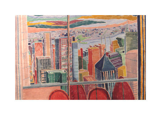 City Talk white line woodcut Aline Feldman The Print center window view of the colorful city