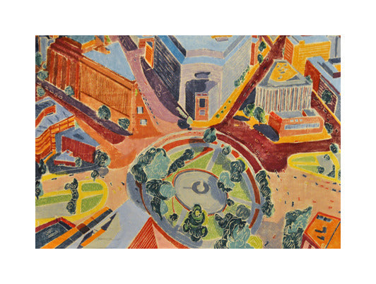 Midtown Movement Aline Feldman Woodcute bright colors town circle the print center large scale print cartoon colors 