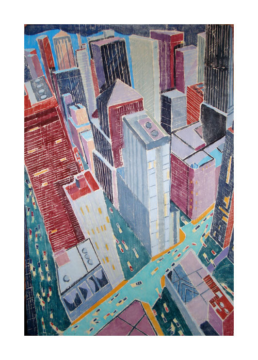City Evening white-line woodcut aline feldman the print center buildings city skyline