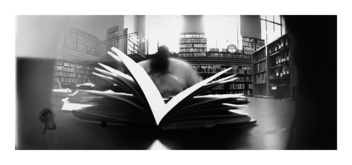 Free Library of Philadelphia, Reading 5 publisher the print center Ann Hamilton Digital Pigment Print photography black and white motion long exposure fish eye books city 