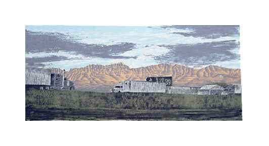An Interstate Runs Through It Anthony Lazorko Woodcut Relief The Print Center Printing Highway Mountains Trucks