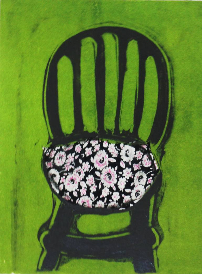 Chair #95 Monotype with tissu colle Nancy Citrino made in philadelphia The Print Center green and black floral pattern