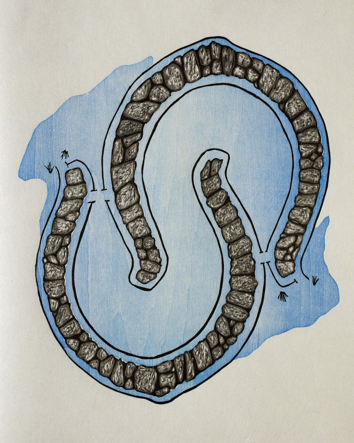 Flow Reduction on Japanese paper woodcut Rebecca Gilbert made in philadelphia horse shoes blue background the print center