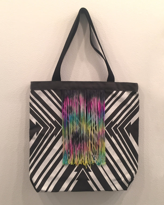 Gray Arrow PKW (with tassels) tote bag wearable accessory gifts Kayrock Screenprinting black and white color detail rainbow