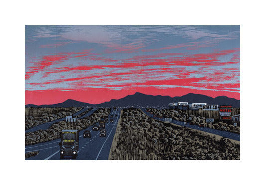 Going Home Relief Anthony Lazorko Woodcut buses highway out west mountain tops pink sunset skyline