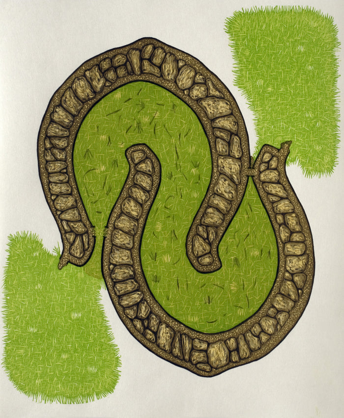 Grow Rebecca Gilbert Woodcut the print center horse shoe shapes intertwined the enviornment the earth grass water land relationships made in Philadelphia