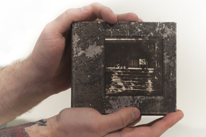 Hand-bound book of Van Dyke Brown Front Porch Harrison Walker book the print center tiny book artist book photography dark pages