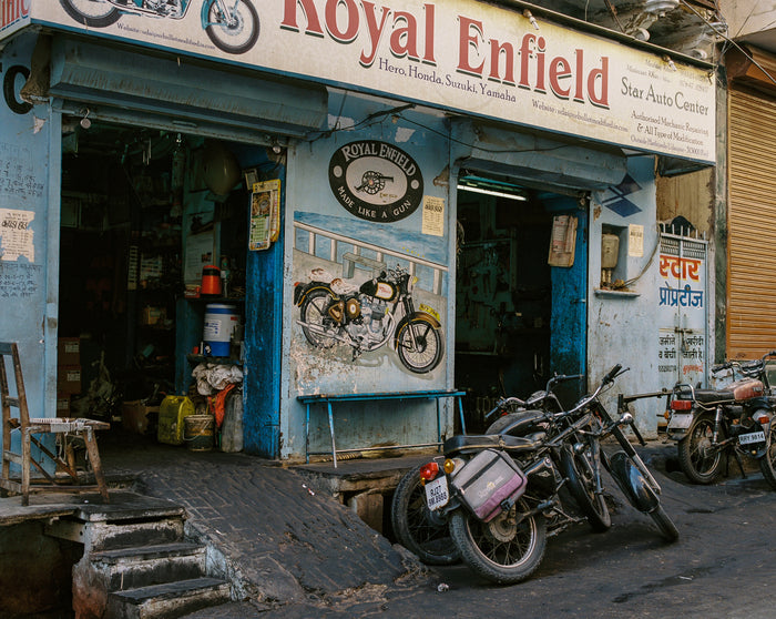 "Motorcycle-wala" an inkjet print by Saleem Ahmed. Color photography, cityscapes, urban landscape, motorcycle, landscape. the Print Center