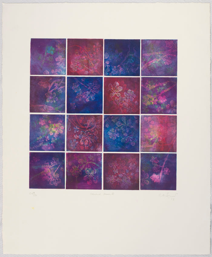 Chestnut Leaves II etching Anna Jeretic purple and pink and blue sqaures floral patterns The Print Center 