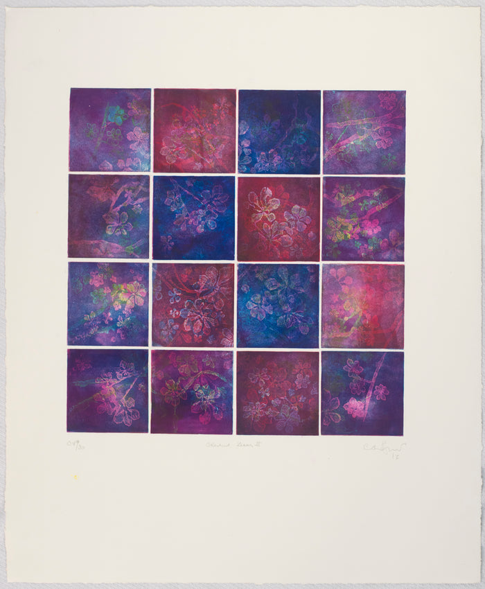 Chestnut Leaves II etching Anna Jeretic purple and pink and blue sqaures floral patterns The Print Center