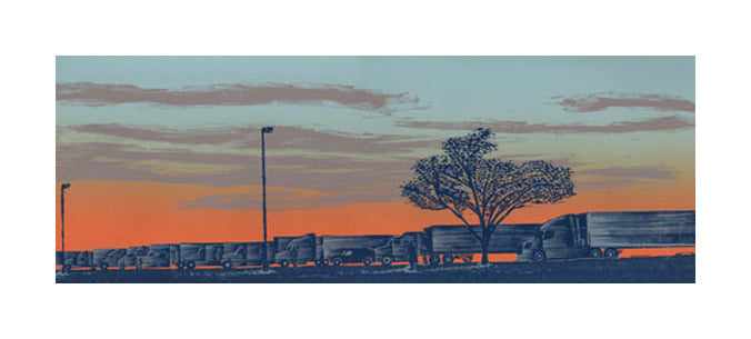 Rest Area sunset the print center tree anthony Lazorko woodcut