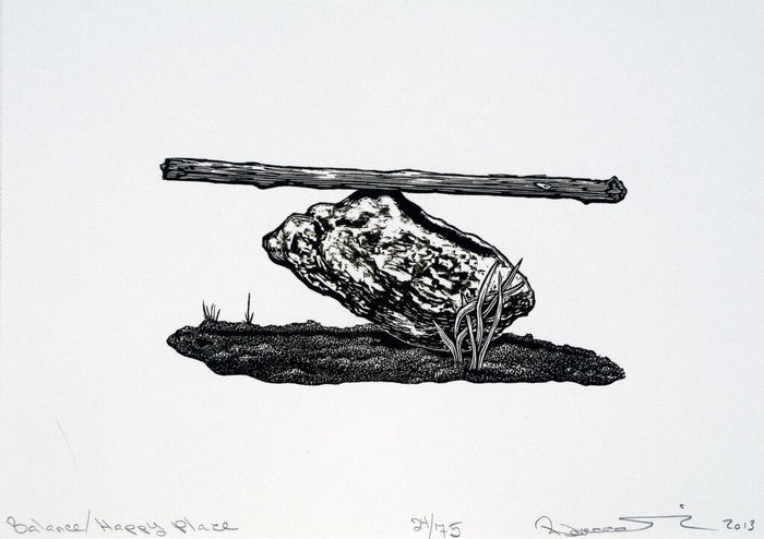 Balance/Happy Place Rebecca Gilbert Engraving Wood Block printmaking The Print Center Rock and stick nature peace made in Philadelphia