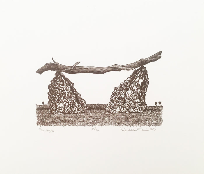 Bridge Woodcut Rebecca Gilbert Balance Rocks Sticks and nature The Print Center