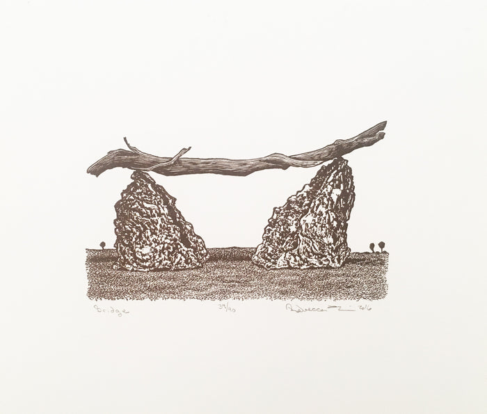 Bridge Woodcut Rebecca Gilbert Balance Rocks Sticks and nature The Print Center 