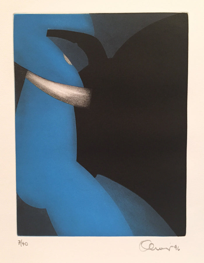 Bull with Blue I Etching with aquatint Perry Oliver Color Based Abstraction Bull horns shapes The Print Center