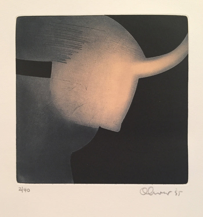 Bull without Woman Etching with aquatint Perry Oliver The Print Center Color Based Abstraction pink and black 