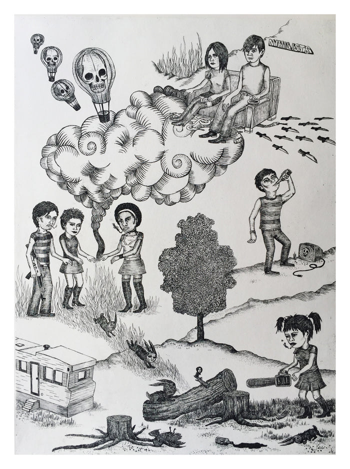 Land of the Hedonists etching with chine colle jenny schmid the print center delinquents young teens rebellion pot bunnies clouds skulls toxic drinking