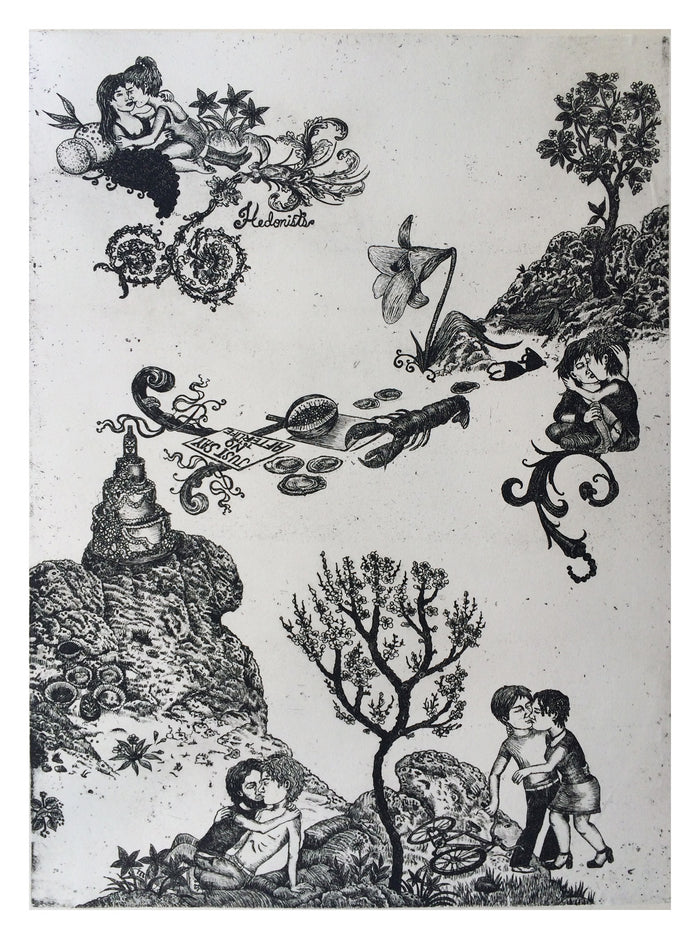 Land of the Nihilists etching with chine colle jenny schmind the print center black and white printing nature teens kissing fooling around a lobster
