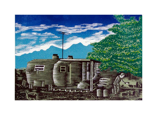 Feed the Kitties Anthony Lazorko Woodcut clouds trailer stray cats narrative printmaking the print center