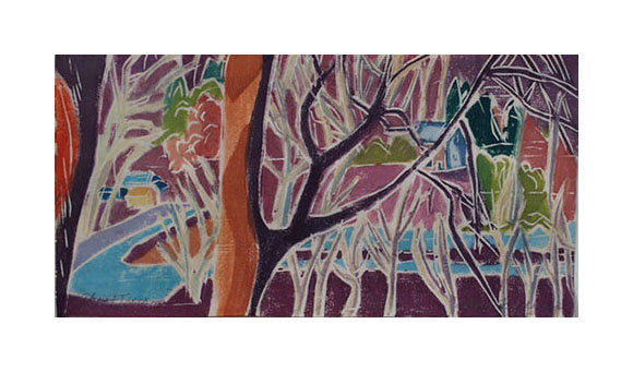 Ghost Trees White line woodcut Aline Feldman the print center colorful trees 