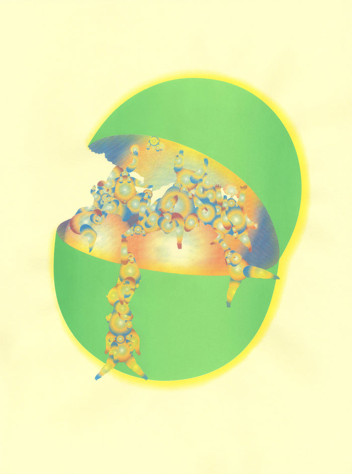 Green Melon silkscreen Qaioyi Shi fruit people crawling out escaping food obsession big fruit the print center circular playful fantasy created characters