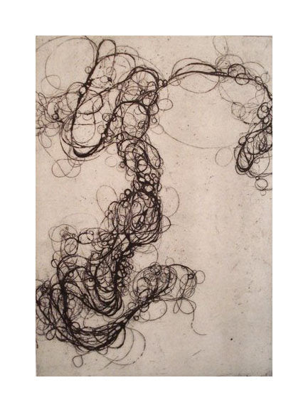 Hairlines 3 black and white abstraction Andrea Cote Etching swirls and bubbles and circles contrast hair stuck in drain wet hair