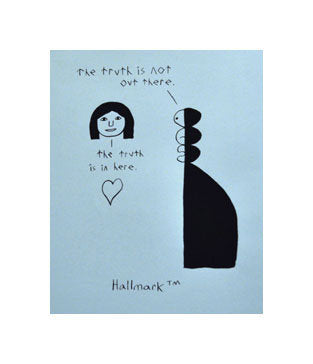Hallmark Andrew Jeffrey Wright Silkscreen the print center illustration funny making fun of hallmark blue and black heart truth perspective for kids