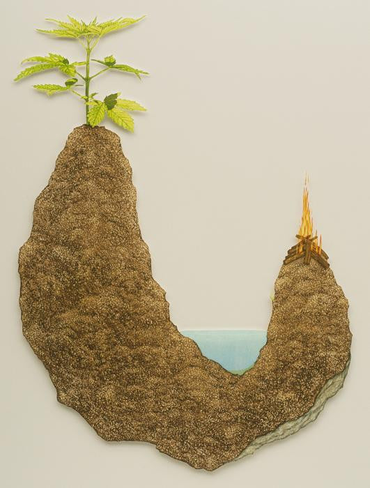 Happy Place (Weed, Dirt, Water, Fire) Rebecca Gilbert Engraving the pront center earth water and soil relationship biology science u shaped tiny elements bonfire weed water