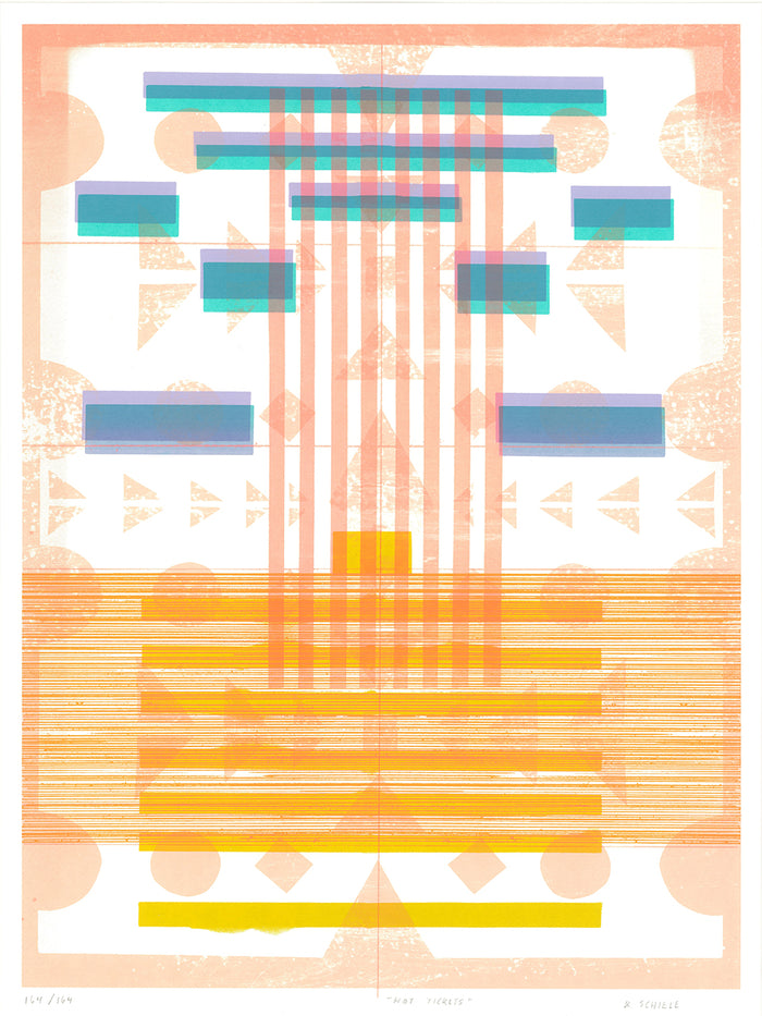 Kristen Schiele: Hot Tickets Kayrock screenprinting silkscreen the print center rectangles orange and blue color theory optical illusions glitch art 