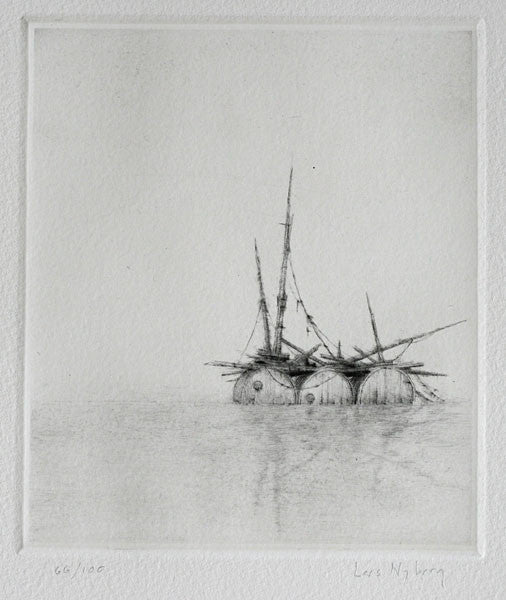 Raft Intaglio Lars Nyberg sticks and water makeshift raft sos the print center dry point
