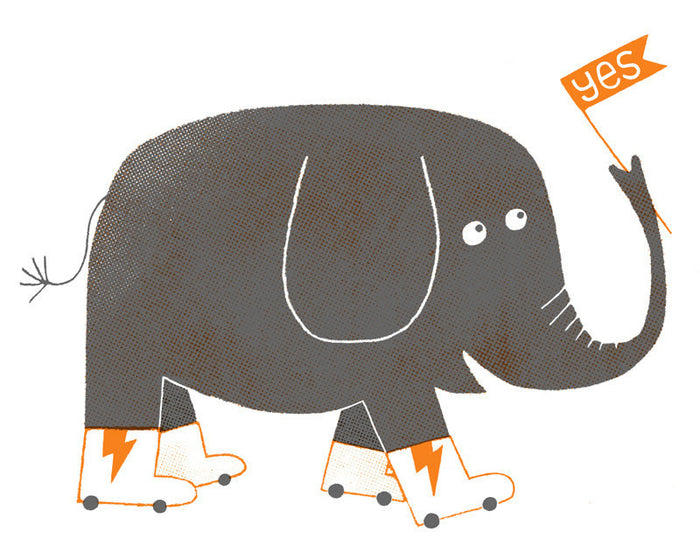Cindy the Extremely Positive Elephant Greg Pizzoli silkscreen the print center made in Philadelphia for kids elephant yes sign roller skates