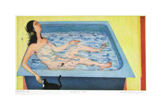 Beneficial Bath Intaglio Aquatint and Drypoint Sarah McEneaney Made In Philadelphia girl bathtub cat The Print Center 