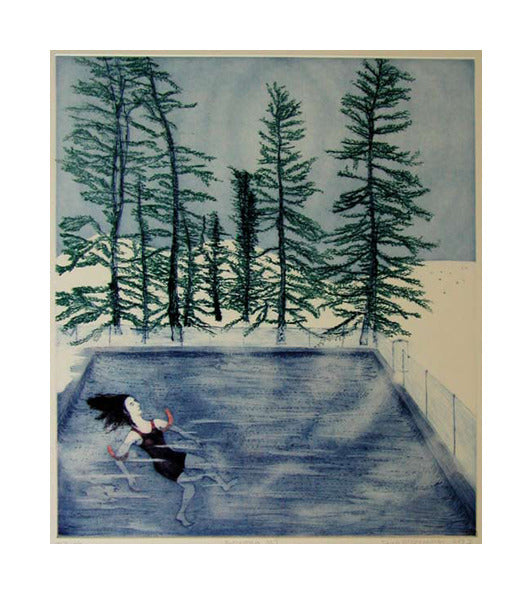 Bozeman Montana Intaglio Aquatint and Drypoint Sarah McEneaney Made In Philadelphia Pool Misty Trees Swimming Floating