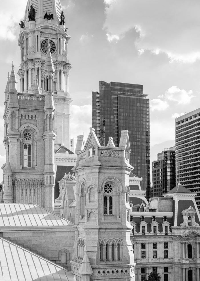 " Southwest View from North 15th and Arch Street, Philadelphia" by James Abbott. An Inkjet Print depicting a section of the Philadelphia skyline, including City Hall, the Residences at the Ritz Carlton, and the Masonic Temple. Landscape, Cityscape, Black and White, Photograph. The Print Center