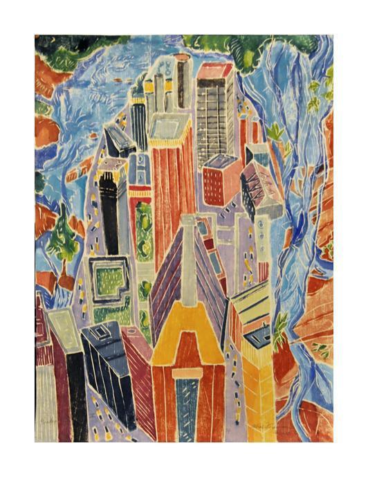 Paradox of Place IV Aline Feldman Woodcut the print center color based abstraction landscape buildings city series 