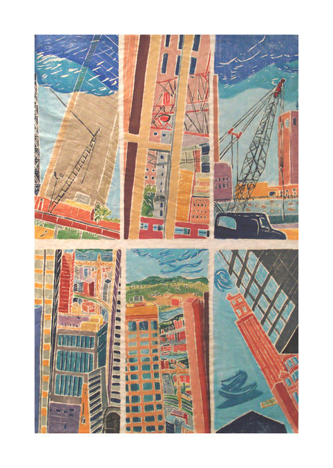 Angle Of Change Aline Feldman Whiteline woodcut the print center city consrtuction perspectives looking up bright colors 