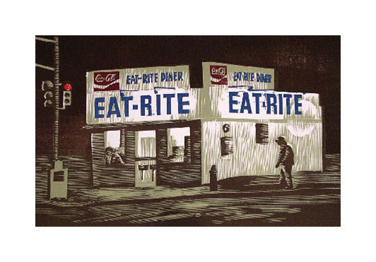 Eat-Rite at Night Anthony Lazorko Woodcut the print center diner nighttime small town coca cola 