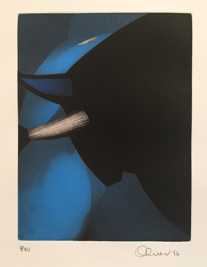 Bull with Blue III etching with aquatint Perry Oliver Color Based Abstraction shapes animals The Print Center 