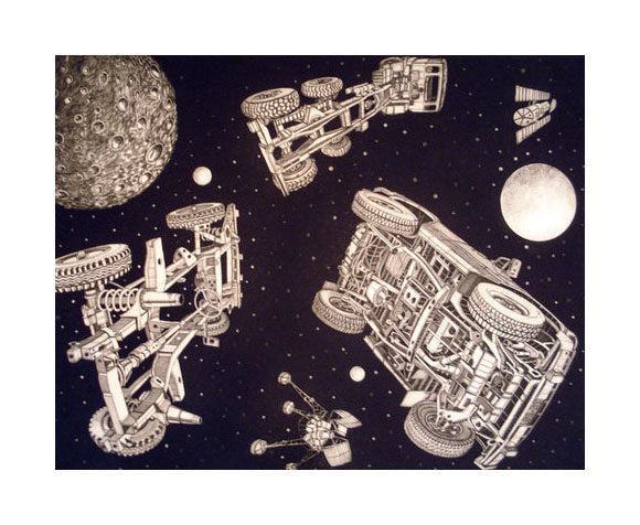 Deep Space Traffic Intaglio Etching Bruce McCombs the print center outerspace stars moon planets sci-fi lost objects cars 