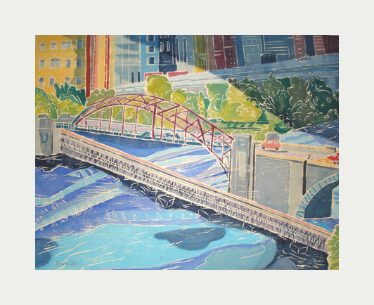 Moving Lights Aline Feldman Woodcut the print center bridge city landscape bright colors 