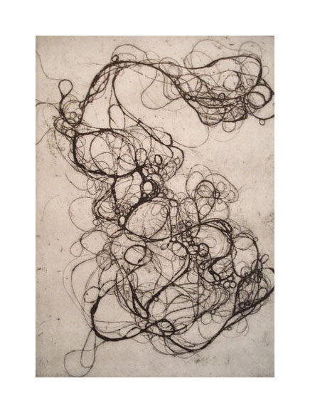 Hairlines 2 Andrea Cote Etching the print center hair as swirls and circles contrast black and white abstraction bubbles 