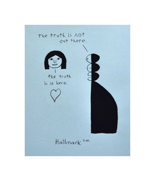 Hallmark Andrew Jeffrey Wright Silkscreen the print center illustration funny making fun of hallmark blue and black heart truth perspective for kids 