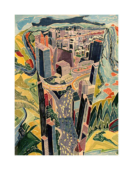 Paradox of Place I Aline Feldman Woodcut the print center color based abstraction landscape buildings city series 