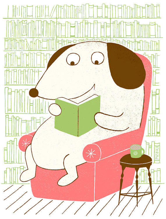 Dog Reading Greg Pizzoli Silkscreen for kids made in philadelphia dog book learning pink chair cartoons 