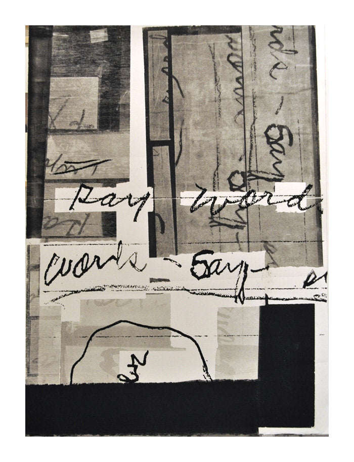"Gaps" a Woodcut  Monotype by Hester Stinnett. A collection of writing fragments superimposed of blocks of gray. Printmaking, Abstract, Memory, Literature, Writing. The Print Center